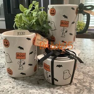 Rae Dunn snoopy halloween measuring cups and matching mugs
